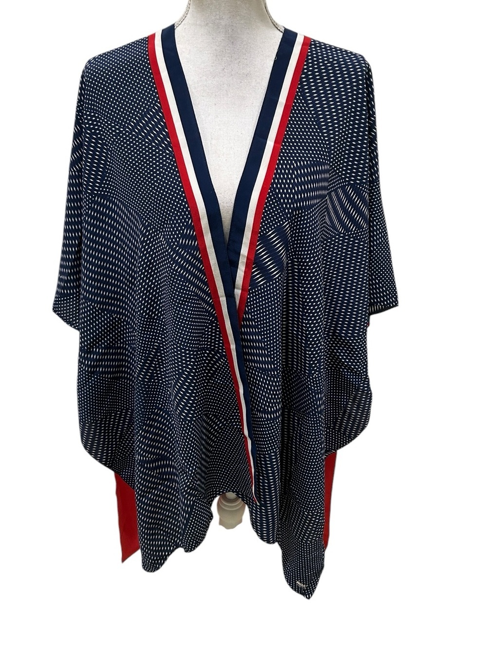 Vintage ‘90’s WORTH NY Navy Polka Dot 100% silk Kimono with Red & White Trim